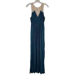 In Style Womens XL Teal Blue Crochet Lace Back Sleeveless V-Neck Maxi Dress Boho